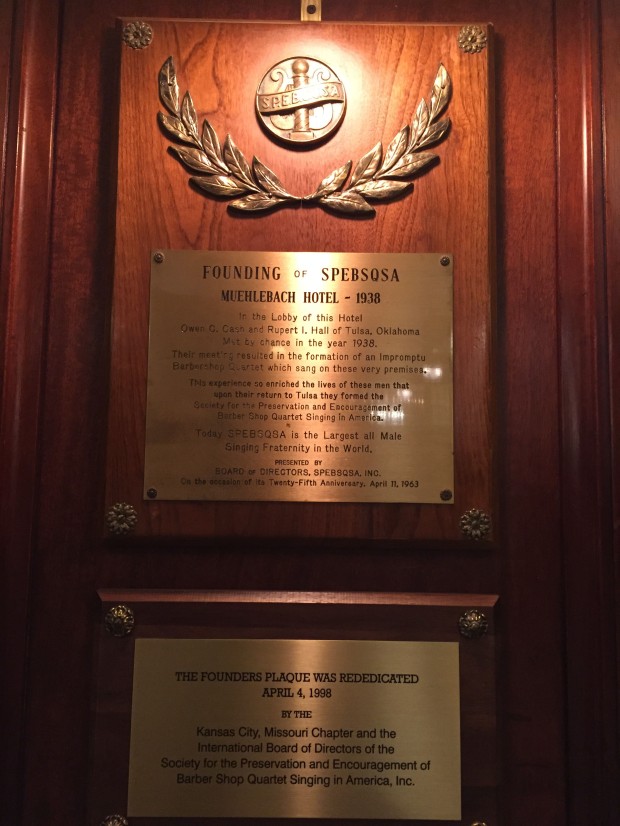 Plaque commemorating founding of Barbershop Quartet Society, 1938, Muehlebach Hotel